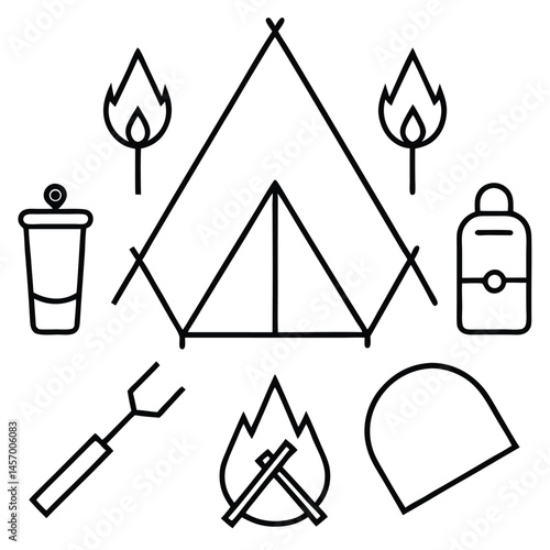 Camping Essentials Icons: A minimalist line art illustration depicting essential camping equipment, including a tent, campfire, marshmallows, a water bottle, a fork, and a cup.