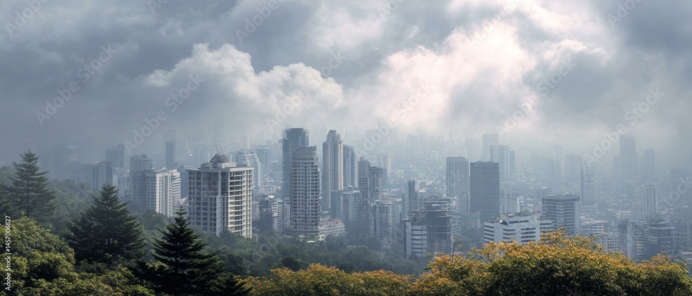 Obraz premium Cityscape view from a hilltop on a cloudy day