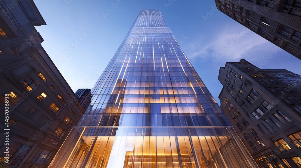 Naklejka premium Modern glass skyscraper at dusk, viewed from below, showing illuminated windows and surrounding buildings.