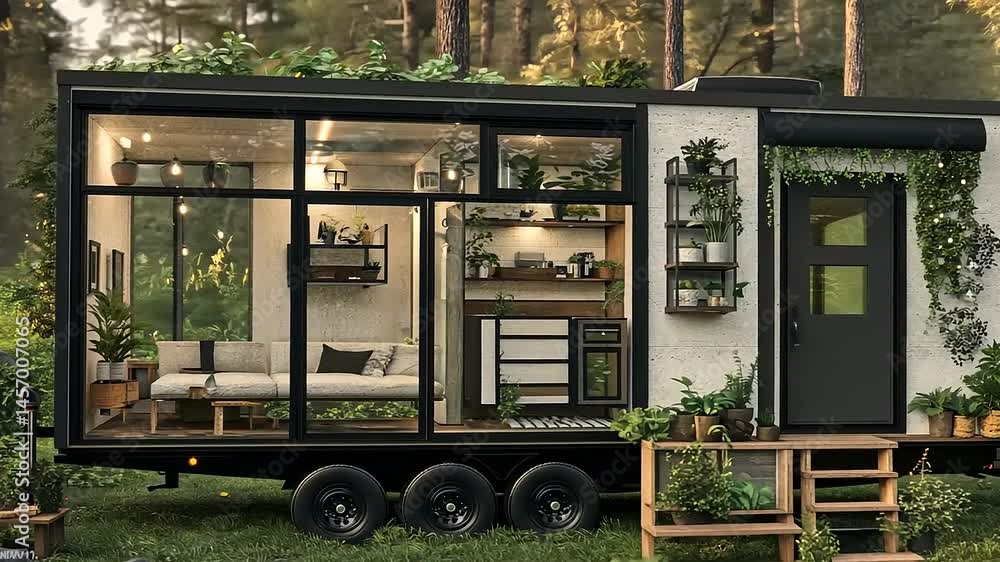 Modern eco-friendly tiny house on wheels surrounded by lush forest, showcasing interior design and greenery Modern eco-friendly tiny house on wheels surrounded by lush forest, showcasing interior design and greenery