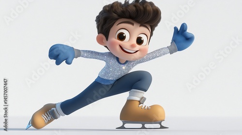 Happy cartoon boy ice skating, winter activity, joyful expression.
