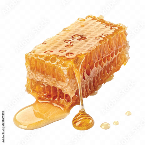 realistic glossy honeycomb dripping liquid honey isolated on transparent background