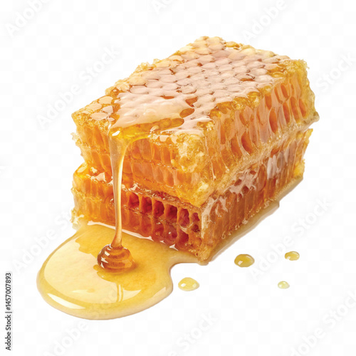 realistic glossy honeycomb dripping liquid honey isolated on transparent background
