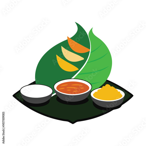 Indian Dosa Silhouette with Banana Leaf and Chutneys