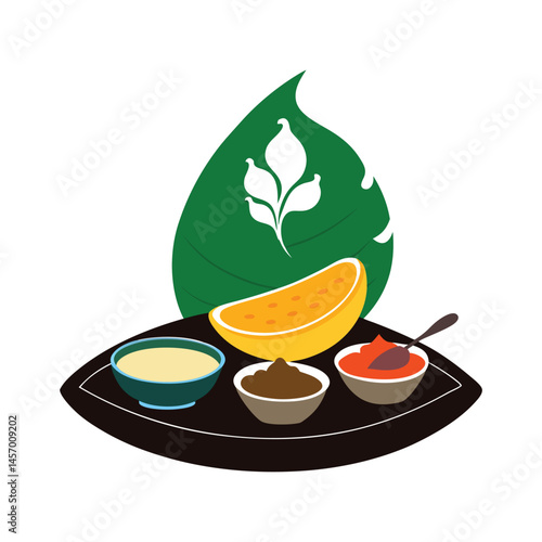 Indian Dosa Silhouette with Banana Leaf and Chutneys