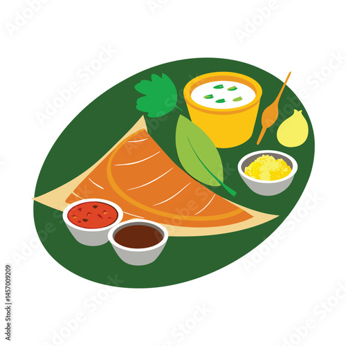Indian Dosa Silhouette with Banana Leaf and Chutneys