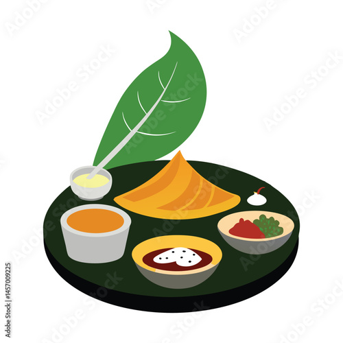 Indian Dosa Silhouette with Banana Leaf and Chutneys