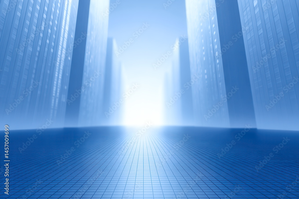Abstract blue city landscape with tall buildings and a grid-like surface leading to bright light Abstract blue city landscape with tall buildings and a grid-like surface leading to bright light