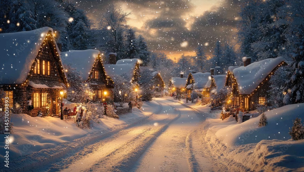 Fototapeta premium Snowy village street, Christmas lights, winter wonderland, holiday card (1)