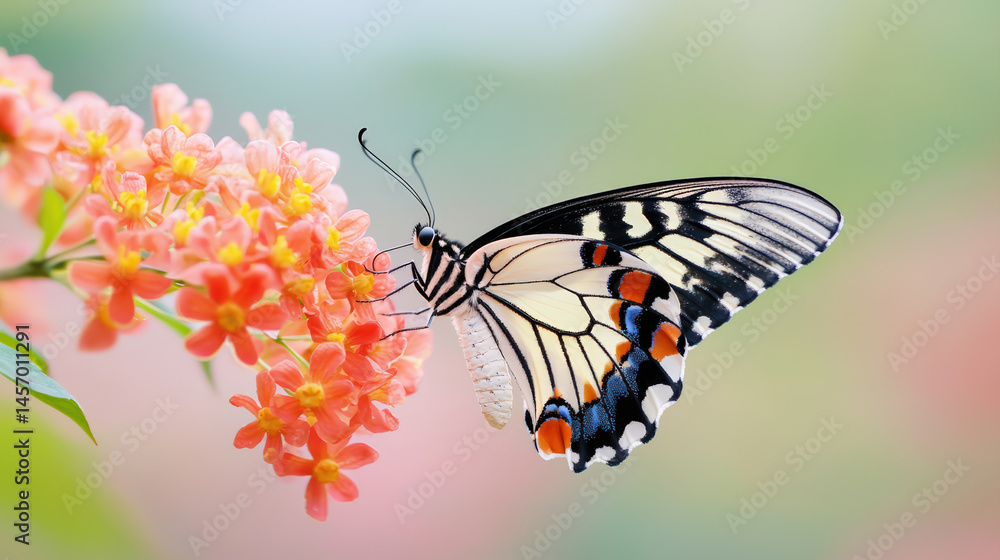 Fototapeta premium Closeup of butterfly perched on vibrant orange flowers, showcasing its intricate wing patterns and delicate beauty in natural setting