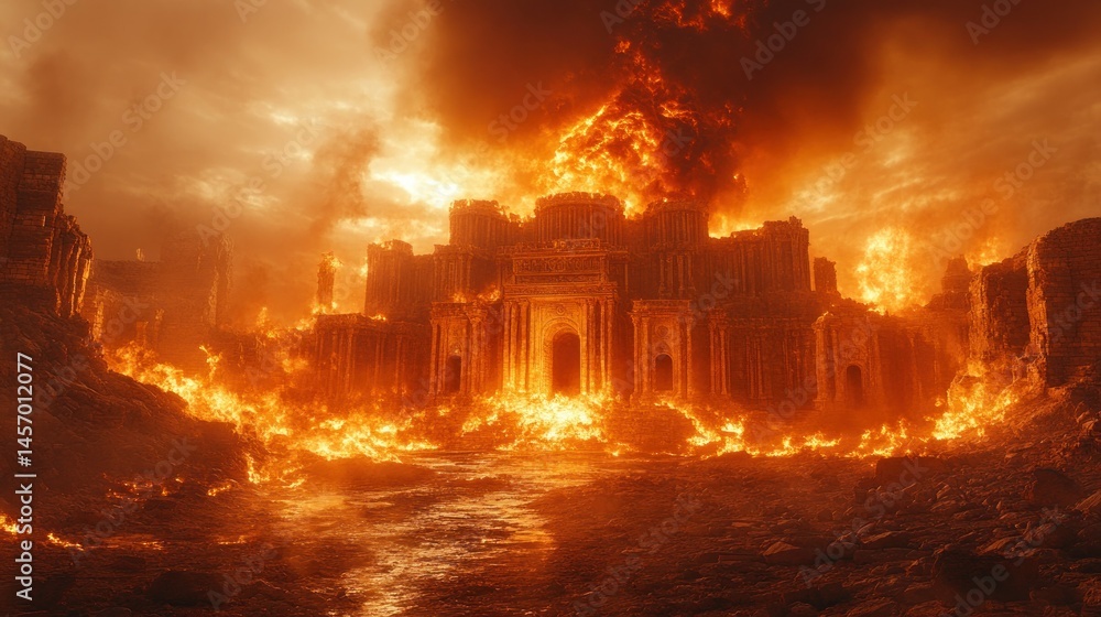 Burning ancient city, apocalyptic flames Burning ancient city, apocalyptic flames