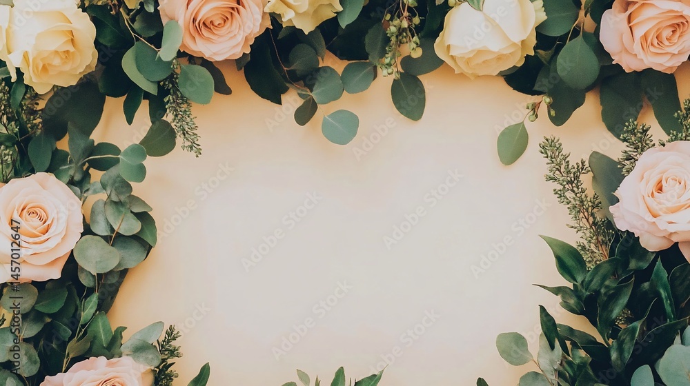 Peach and cream roses and eucalyptus leaves frame a beige background.