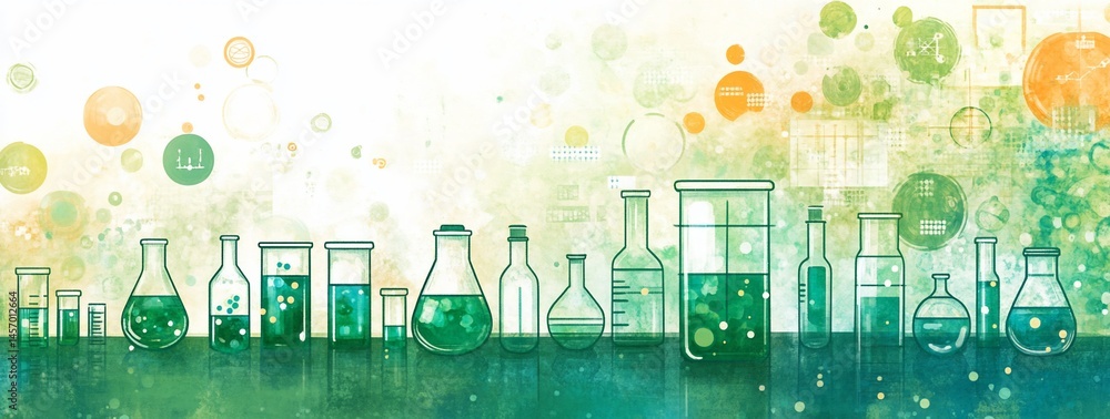 Green liquid in various laboratory glassware on a table.
