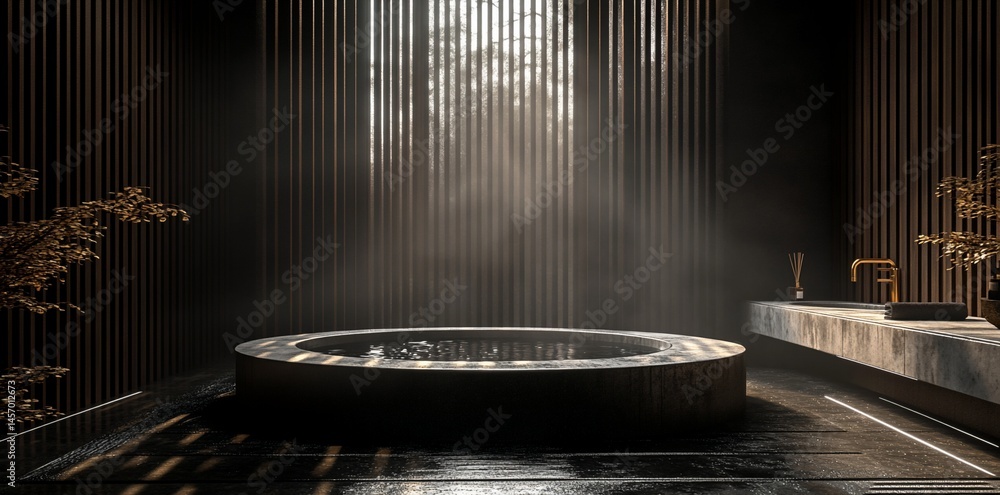 Modern minimalist bathroom with round bathtub, wooden slats, and soft light.