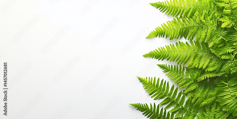 Lush green fern leaves arranged on white background, creating a natural border with copy space.