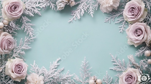 Obraz na płótnie Pastel roses and frosted branches create a wintery frame on a mint background. w salonie