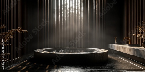 Obraz na płótnie Modern minimalist bathroom with round bathtub, wooden slats, and soft light. w salonie