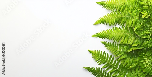 Obraz na płótnie Lush green fern leaves arranged on white background, creating a natural border with copy space. w salonie