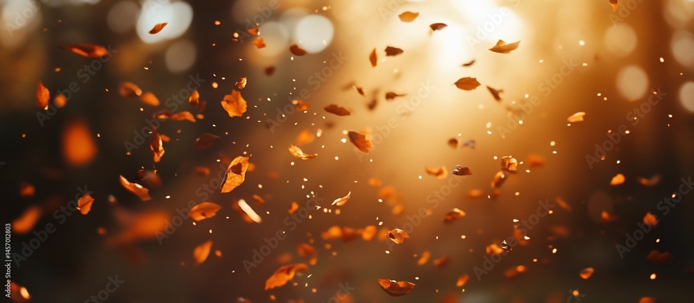 Golden autumn leaves falling in sunlight.