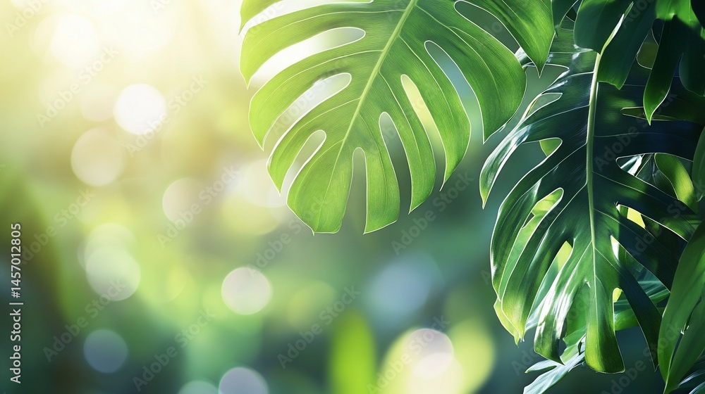 Lush green tropical leaves backlit by sunlight, creating a bokeh effect.