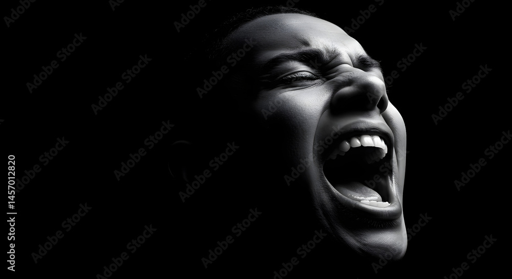 Expressive Black and White Close Up of a Shouting Person with Intense Emotion and Dark Background Expressive Black and White Close Up of a Shouting Person with Intense Emotion and Dark Background