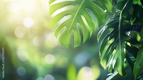 Obraz na płótnie Lush green tropical leaves backlit by sunlight, creating a bokeh effect. w salonie