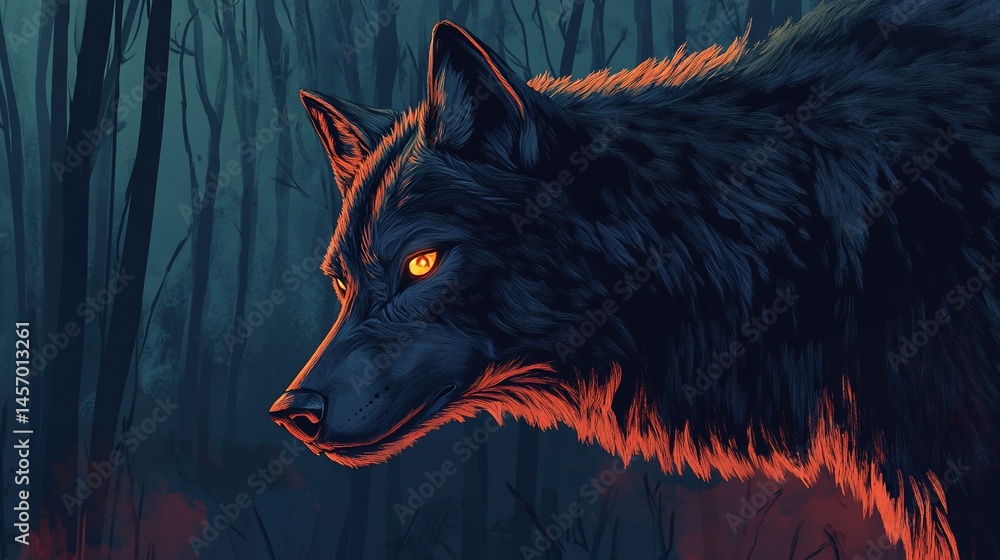 Black wolf with glowing eyes in a dark forest.