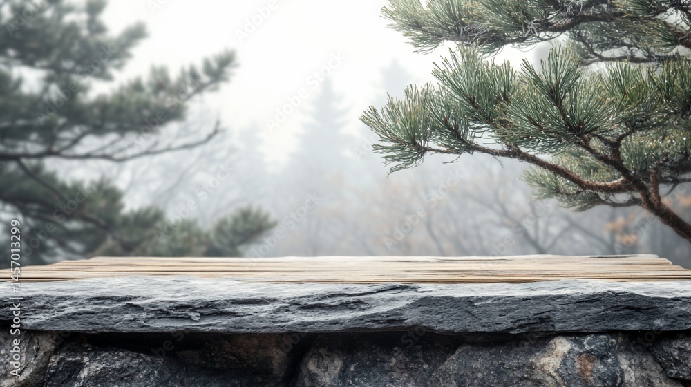 Misty mountain scene with stone and wood surface.