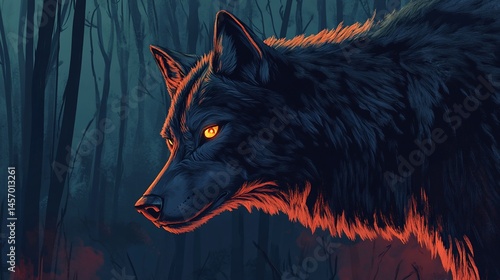 Obraz na płótnie Black wolf with glowing eyes in a dark forest. w salonie