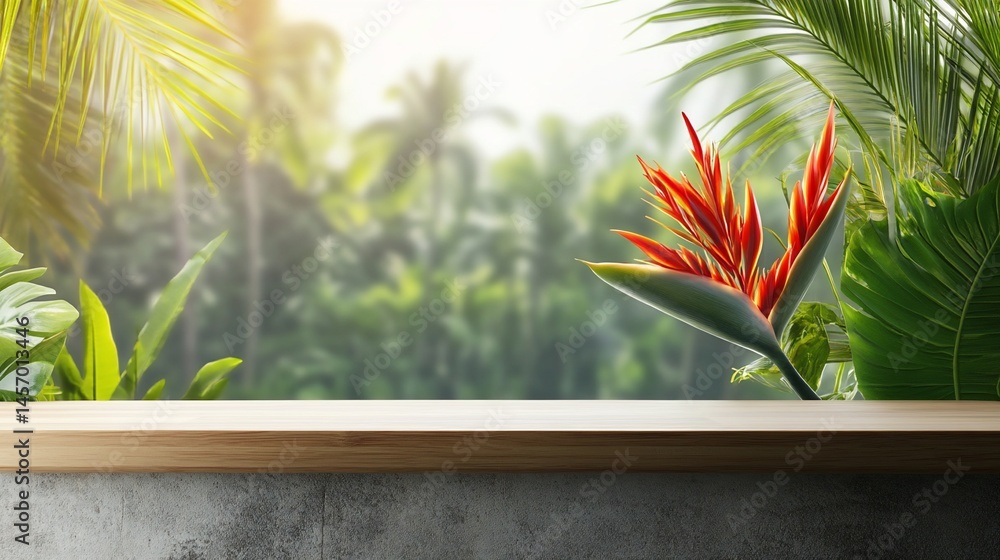Wooden shelf with tropical plants and blurred jungle background.