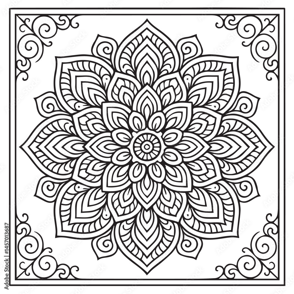 Intricate Mandala Design: A mesmerizing mandala illustration with a detailed intricate design composed of symmetrical patterns, perfect for adult coloring books, meditation. Intricate Mandala Design: A mesmerizing mandala illustration with a detailed intricate design composed of symmetrical patterns, perfect for adult coloring books, meditation.