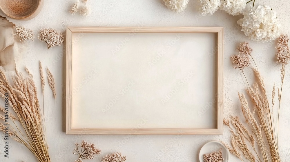 Blank wooden frame surrounded by dried flowers and wheat on a white background.