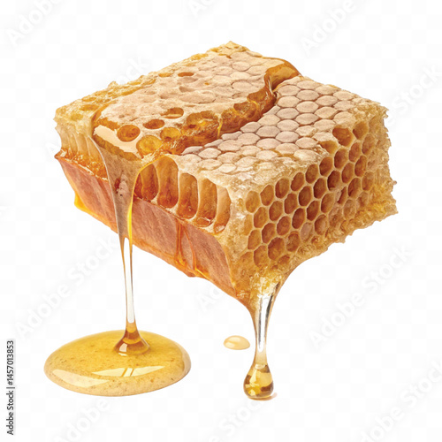 realistic glossy honeycomb dripping liquid honey isolated on transparent background