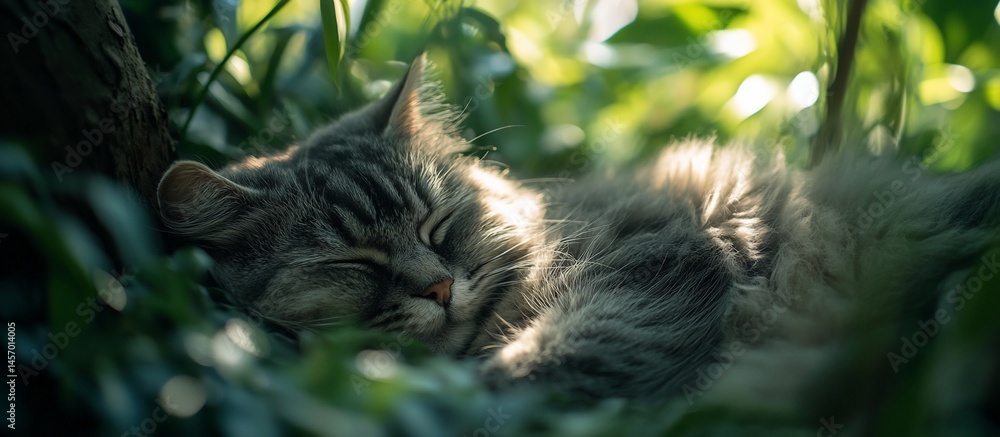 A grey cat sleeps peacefully in lush green foliage, sunlight illuminating its fur.