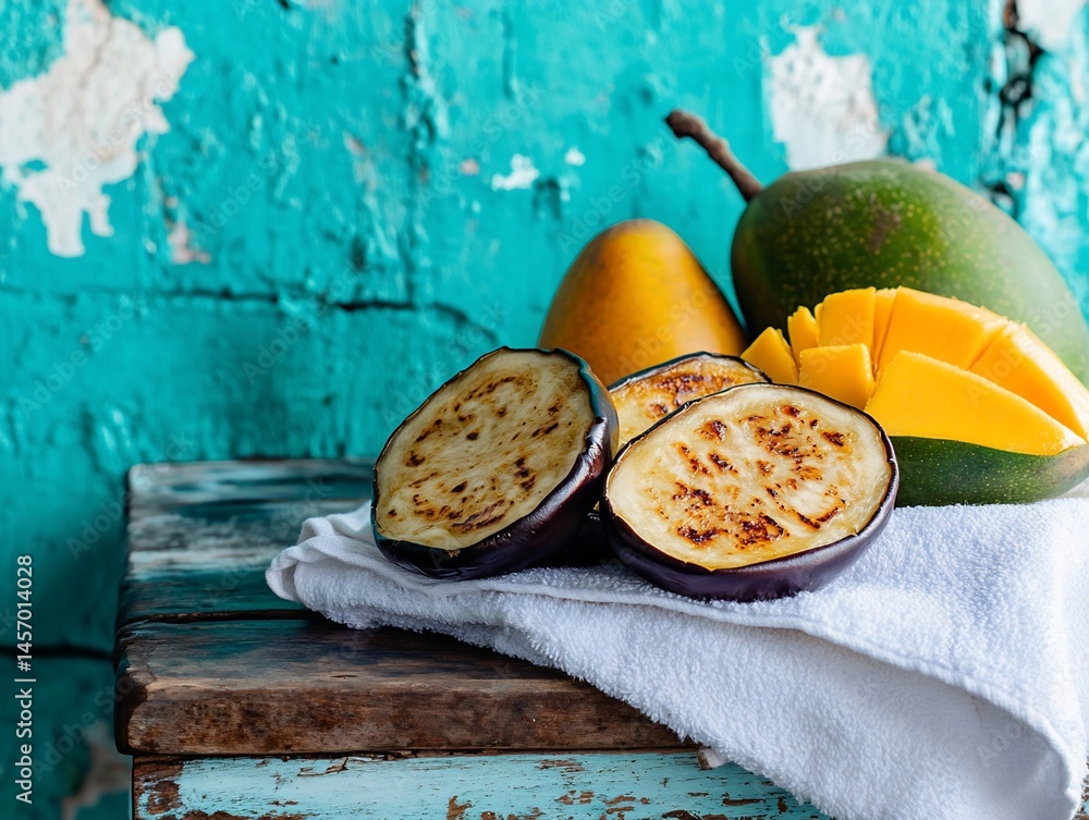 Grilled eggplant, mango, and pear on rustic wooden table against teal background.