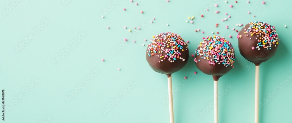 Three chocolate cake pops with sprinkles on a teal background.