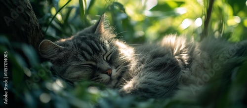 Obraz na płótnie A grey cat sleeps peacefully in lush green foliage, sunlight illuminating its fur. w salonie