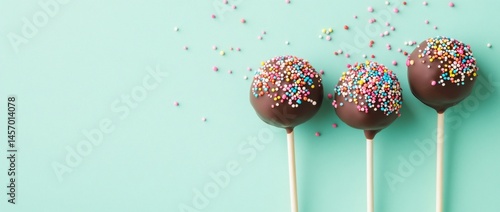 Three chocolate cake pops with sprinkles on a teal background.