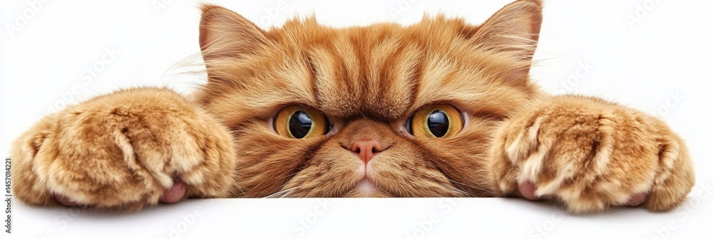 Grumpy ginger cat peeking over white surface, showing paws.
