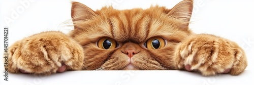 Obraz na płótnie Grumpy ginger cat peeking over white surface, showing paws. w salonie