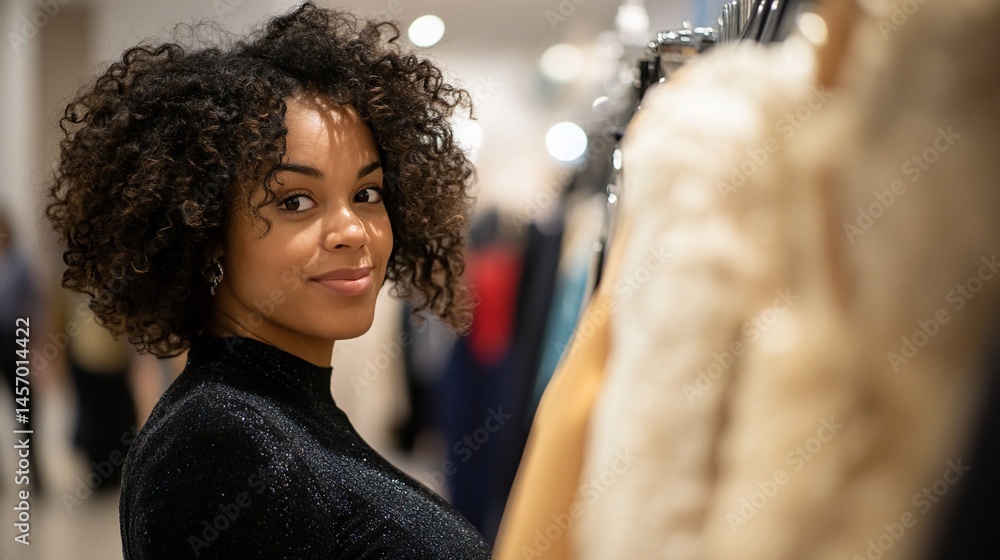 A young woman with curly hair looks over her shoulder while shopping for clothes in a store.