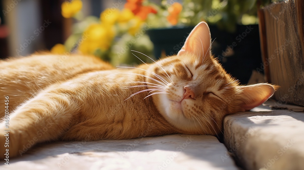 Relaxed ginger cat basking in sunlight, sleeping peacefully on a stone surface near colorful flowers.