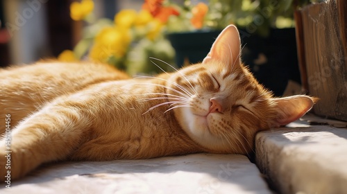 Relaxed ginger cat basking in sunlight, sleeping peacefully on a stone surface near colorful flowers.