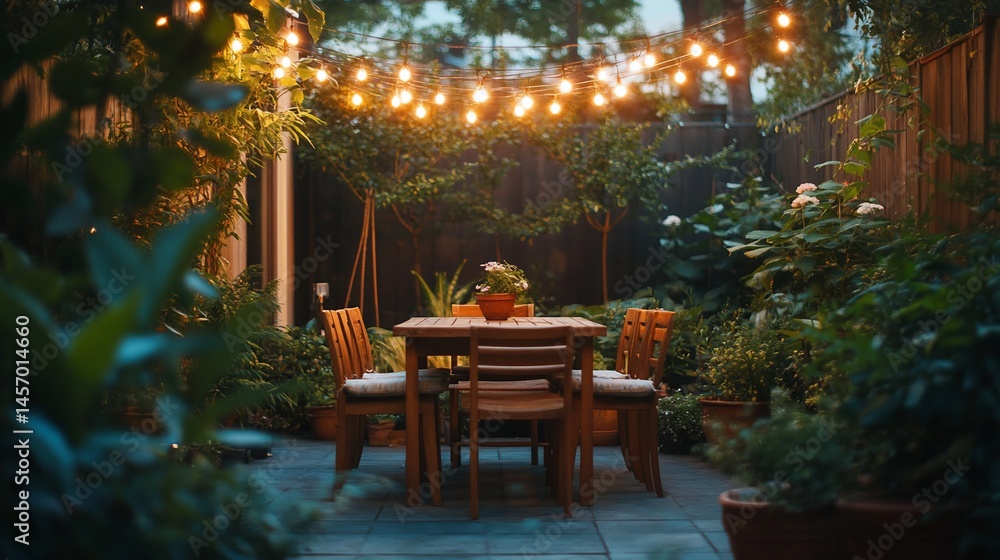 Romantic garden patio at dusk with string lights, wooden table and chairs, lush greenery.