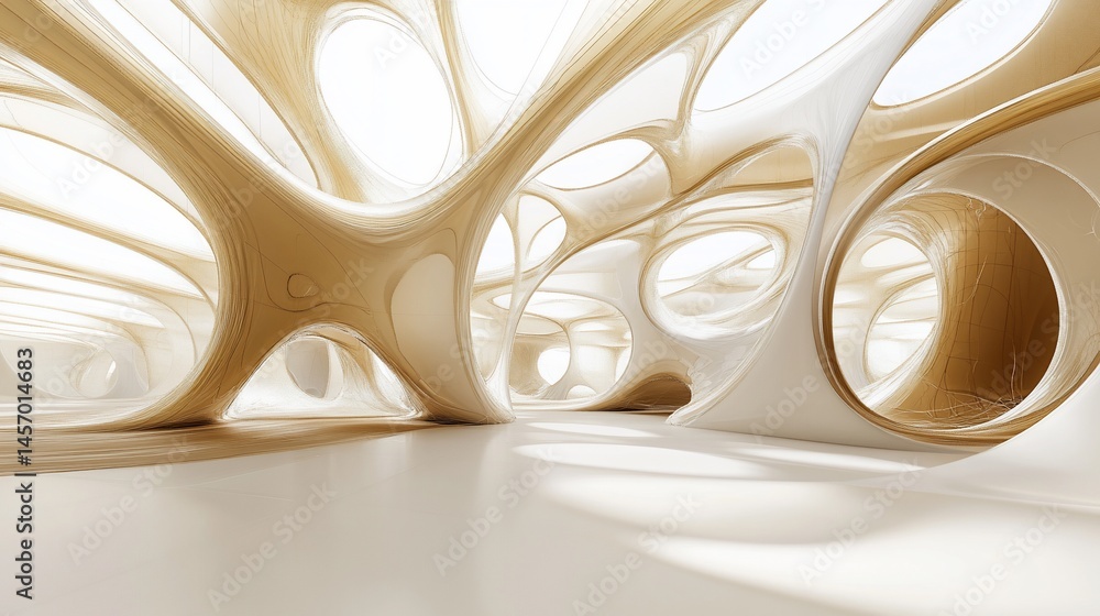 Abstract architectural interior design with organic shapes and smooth surfaces in beige and white tones.