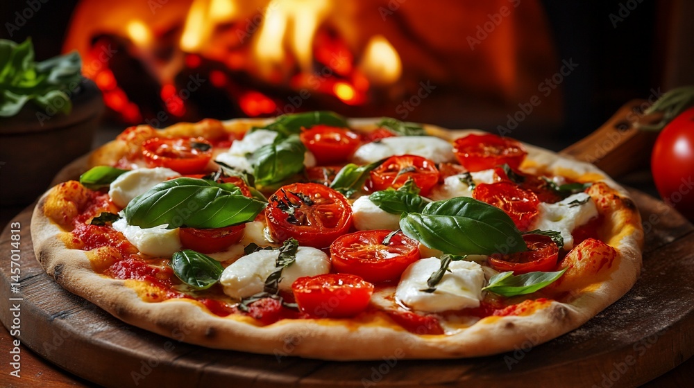 Delicious margherita pizza with fresh mozzarella, tomatoes, and basil, baked in a wood-fired oven.