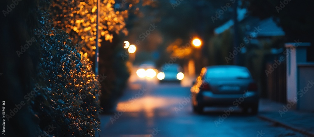 Blurred night street scene with parked car and lights.