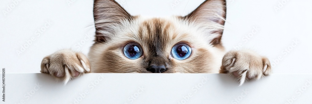 Adorable Ragdoll kitten with striking blue eyes peeking over a white surface.