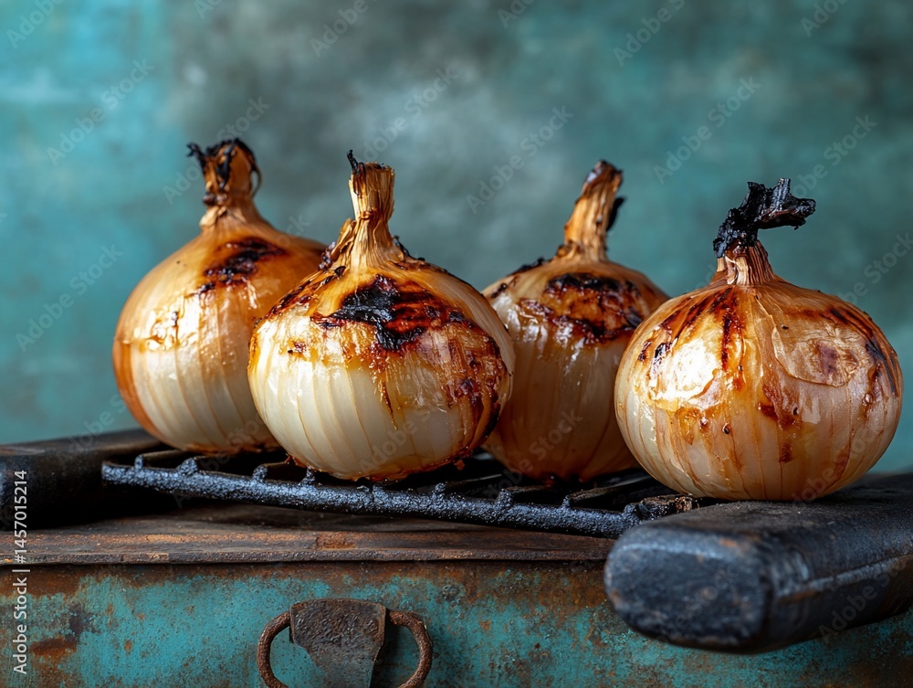 Four roasted caramelized onions on a rustic metal rack.