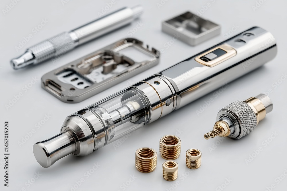 Close-up of disassembled vaporizer device with various components and parts on a white surface, showcasing its internal mechanics. Close-up of disassembled vaporizer device with various components and parts on a white surface, showcasing its internal mechanics.
